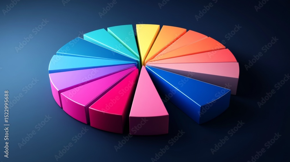 Poster An abstract D pie chart with dynamic movement, where slices rotate and change color, symbolizing the fluidity of market trends and data visualization.