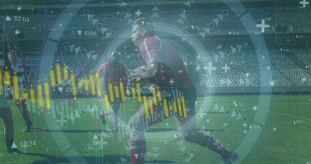 Image of data processing and scope scanning over diverse rugby players at stadium