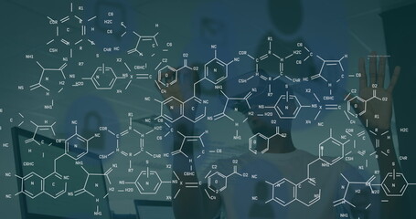 Image of chemical formulas over african american man in vr headset