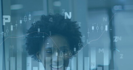 Smiling woman in business wear analyzing markets in office, with candlestick charts and bar graphs