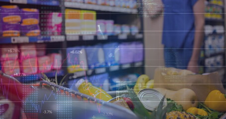 Image of financial data processing over diverse man working in warehouse