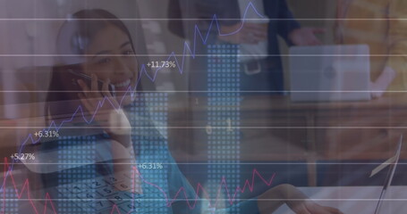 Image of financial data processing over caucasian women using smartphone