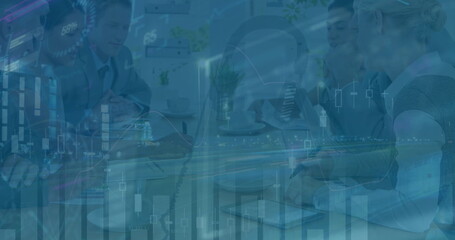 Image of financial data and graphs over diverse coworkers in office