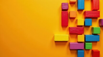 Brightly colored wooden blocks arranged on a vibrant yellow background, ideal for education, creativity, and design projects