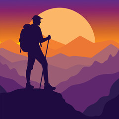 Mountain Hiker Silhouette at Sunrise on a Peak
