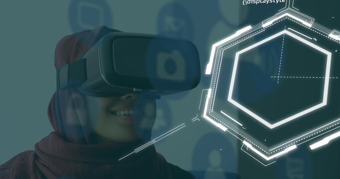 Image of chemical formulas over middle eastern woman in vr headset