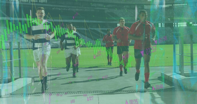 Image of data processing over diverse rugby players at stadium