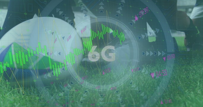 Image of data processing and scope scanning over diverse rugby players at stadium