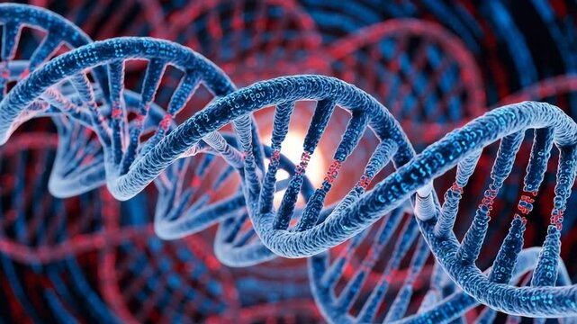 DNA double helix with digital binary code, glowing strands in high-tech style, representing genetics, data, and biotechnology innovation

 - Powered by Adobe