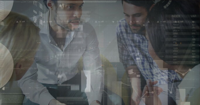 Image of financial data processing over diverse group of business people