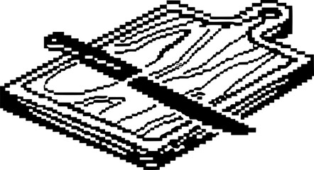 Pixelated 8 bit steak on chopping board with knife, retro cooking