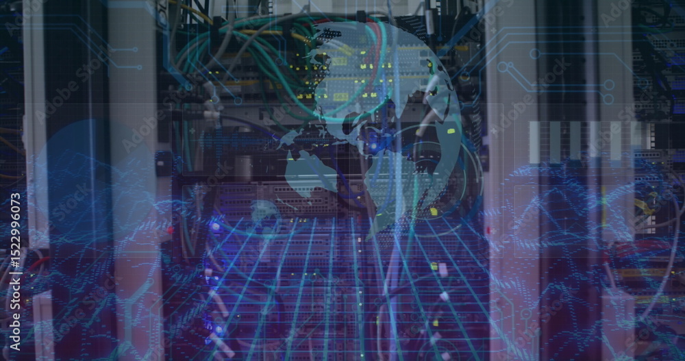 Poster image of globe and data over servers