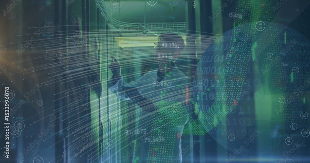 Poster image of lines, graphs and globe over caucasian man checking servers