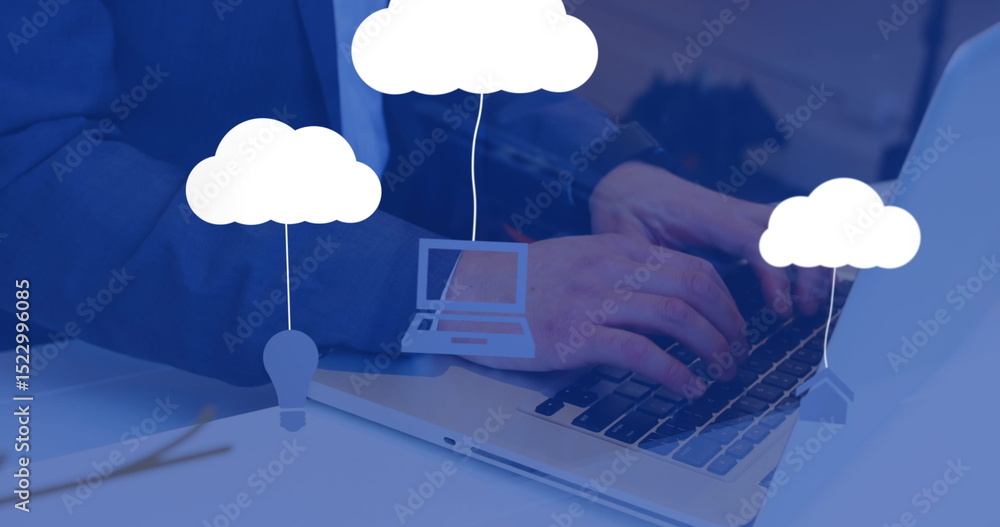 Poster image of technology icons over businessman using computer