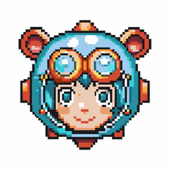 Retro pixel art character with helmet and goggles cute design, vibrant colors, nostalgic video game