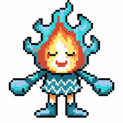 Pixel art character with fiery hair and blue gloves in retro