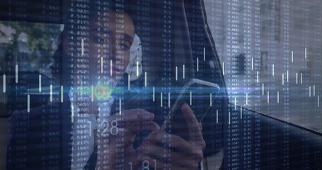 Image of data processing over caucasian businesswoman using smartphone