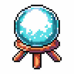 Obraz premium Pixel art crystal ball on wooden stand retro 8 bit gaming style, mystical fortune telling theme