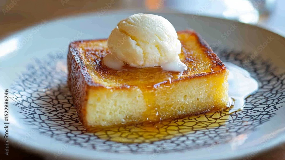 Poster an artistic arrangement of honey toast served on a patterned plate, with a scoop of ice cream meltin