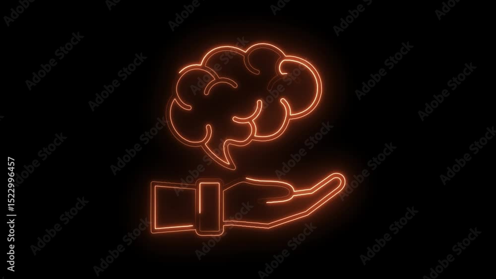 Poster neon brain resting on hand creative idea visualization and cognitive support concept