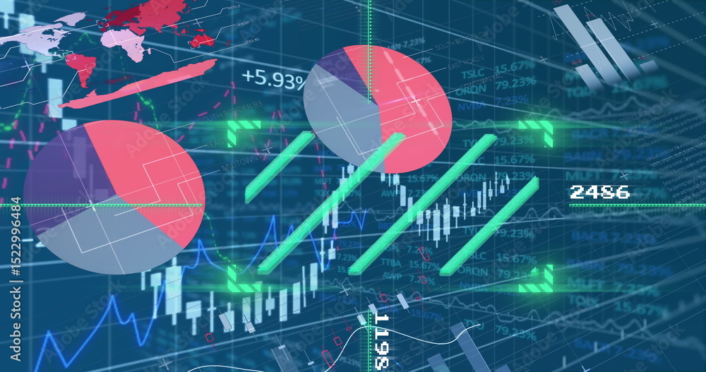 Poster digital image of various graphical charts moving over trading board