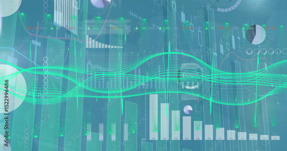 Poster image of various graphs and charts and illuminated wave patterns moving over abstract background