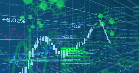 Image of graphs, data and chemical formulas on blue background