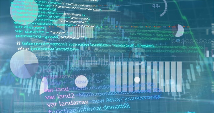 Image of graphs, data and data processing on blue background - Powered by Adobe