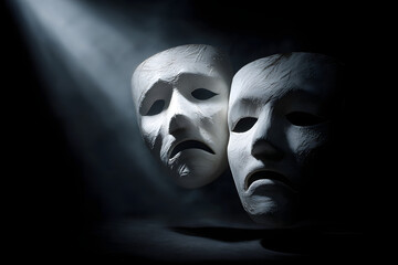 Classic Theater Masks of Comedy and Tragedy in Dramatic Lighting