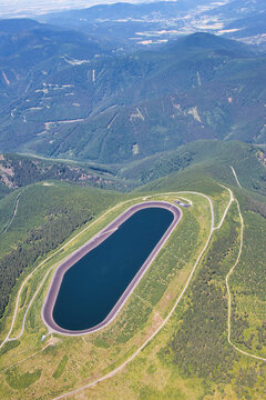 Aerial photo of water reservoire "Dlouhe Strane" in Jeseniky mountains, Moravia region, Czech republic.
