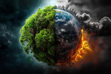 A divided earth showing environmental contrast with lush greenery and urban decay with fire