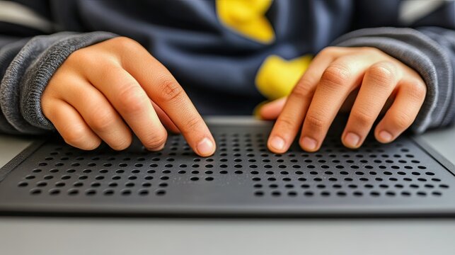 Close-up of a child's hands using a braille display.