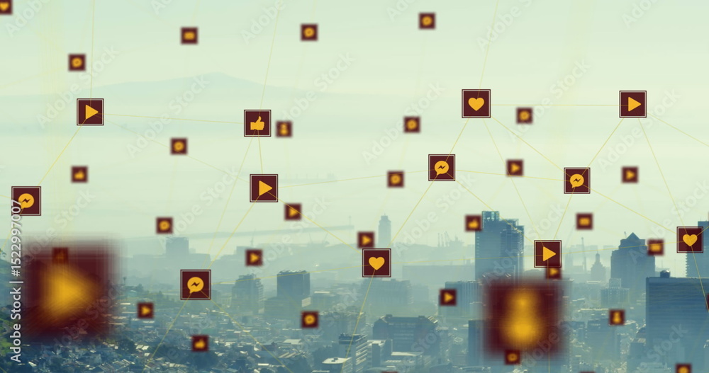 Poster image of tech icons floating over cityscape