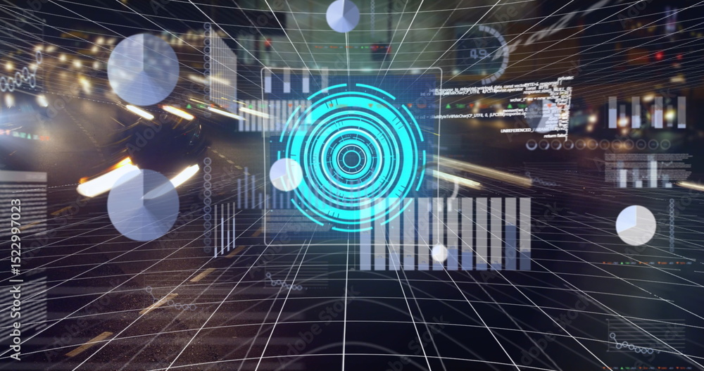 Poster image of data processing and scope scanning over cityscape