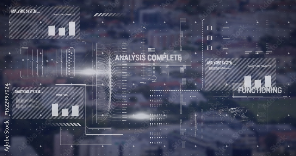 Poster image of graphical infographic interface screen with analysis, scanning and functioning text