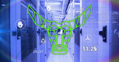 Image of eco icons and bull head over servers © vectorfusionart