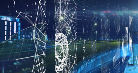 Image of connections and lights over timelpase with night road traffic