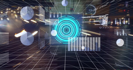 Image of data processing and scope scanning over cityscape