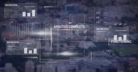 Image of graphical infographic interface screen with analysis, scanning and functioning text
