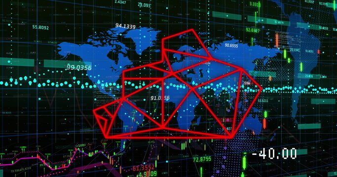 Image of graphs, financial data, world map and bear head on black background - Powered by Adobe