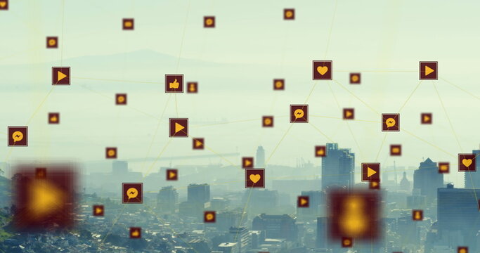 Image of tech icons floating over cityscape