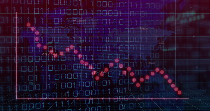 Image of graphs and binary code over violet background - Powered by Adobe