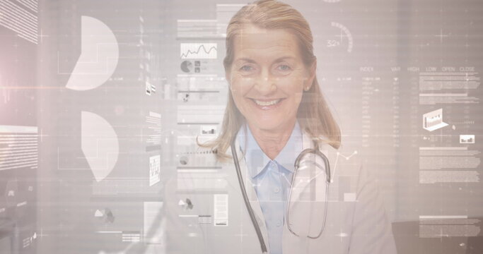 Image of digital interface screen with charts and data over portrait of caucasian female doctor