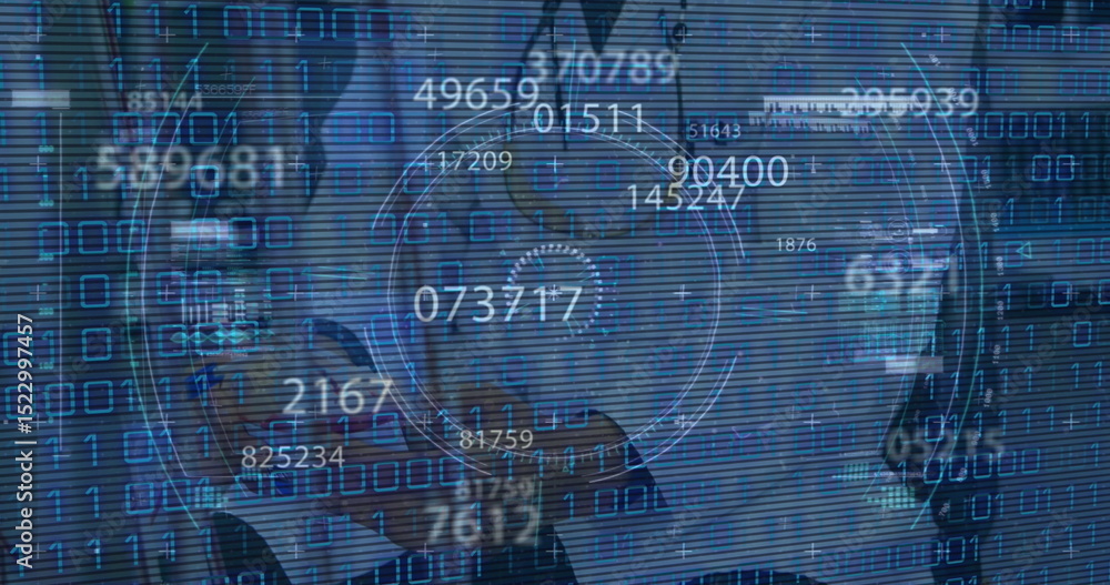 Poster image of digital binary codes with counter moving against doctor working in hospital