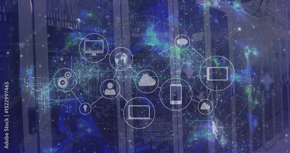 Poster image of data processing and globe with icons over server room
