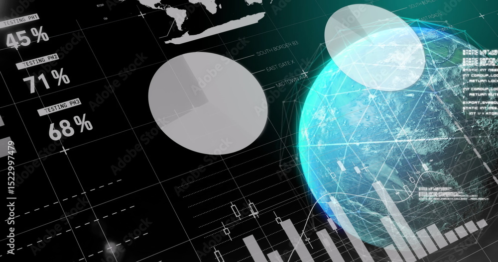 Poster image of data processing and network of connections over globe on black background