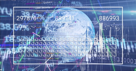 Digital image of interface with squares and numbers moving over globe against programming codes