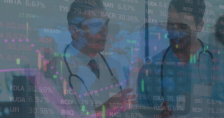 Image of financial data processing over smiling caucasian male doctor