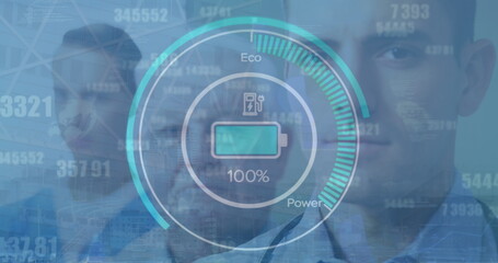 Image of graphical electric car gauge indicator showing battery charging over caucasian doctors