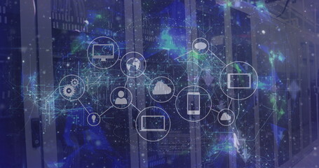 Image of data processing and globe with icons over server room